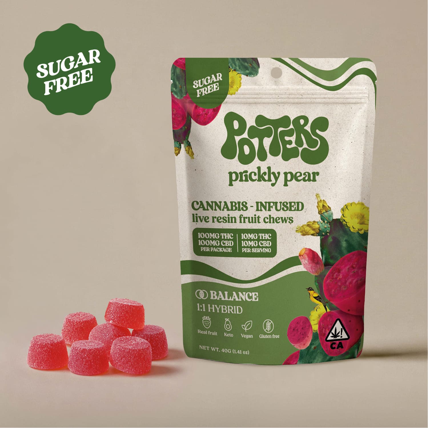 Potters Fruit Chew Sugar-Free Live Resin Sativa Prickly Pear 100mg THC 100mg C