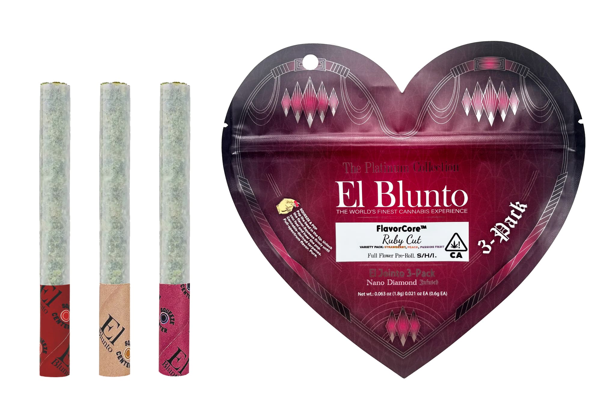 El Blunto Platinum Jointo Variety Pk .6g Diamond Infused Ruby Cut 1.8g 3pk