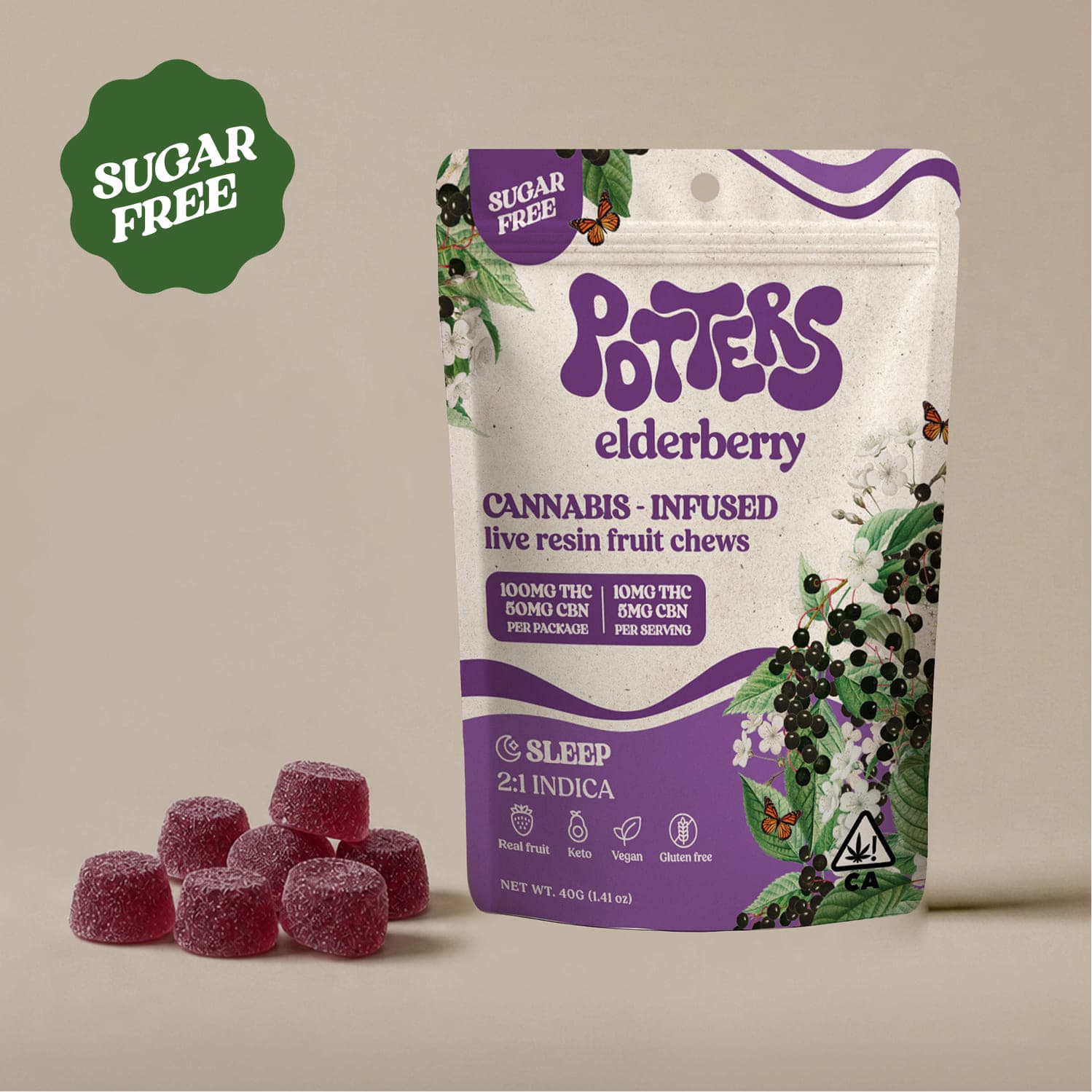 Potters Fruit Chew Sugar-Free Live Resin Indica Elderberry 100mg THC 50mg CBN