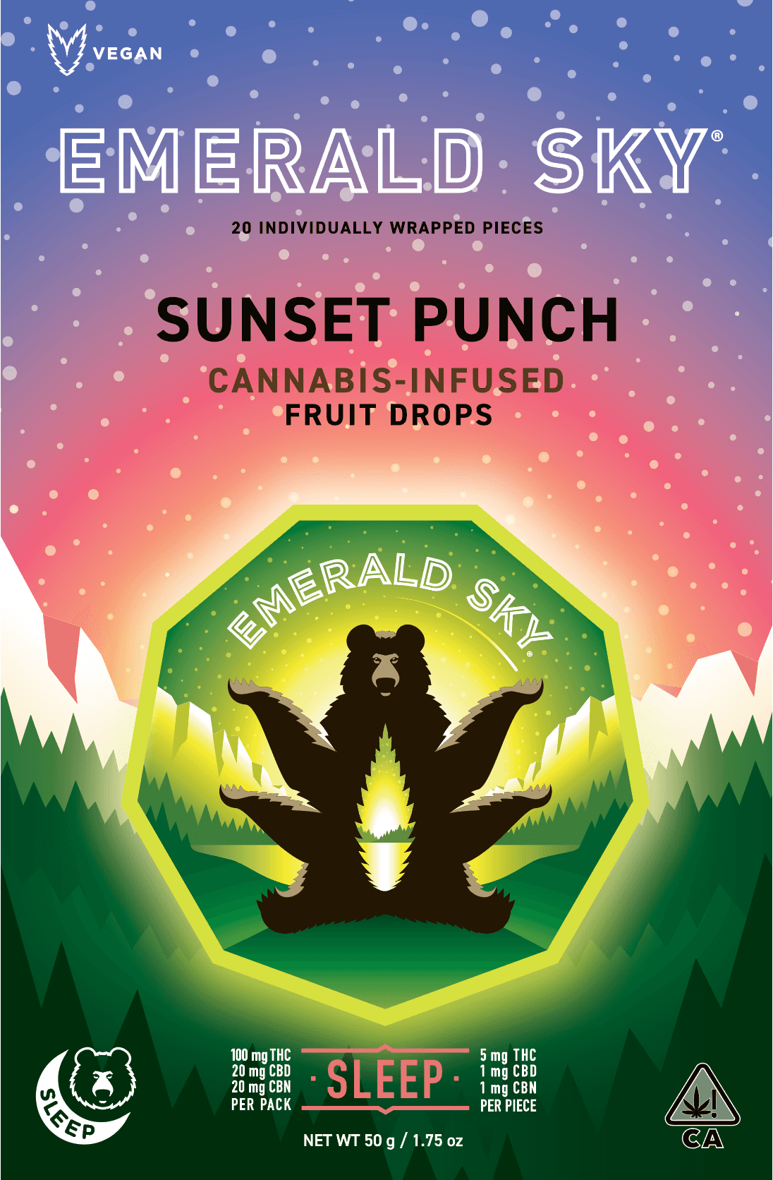 Emerald Sky Hard Fruit Drops 20ct 100mg Indica Sleep Sunset Punch