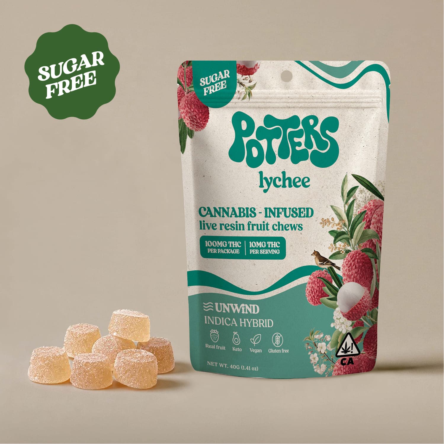 Potters Fruit Chew Sugar-Free Live Resin Indica Lychee 100mg THC 10pk