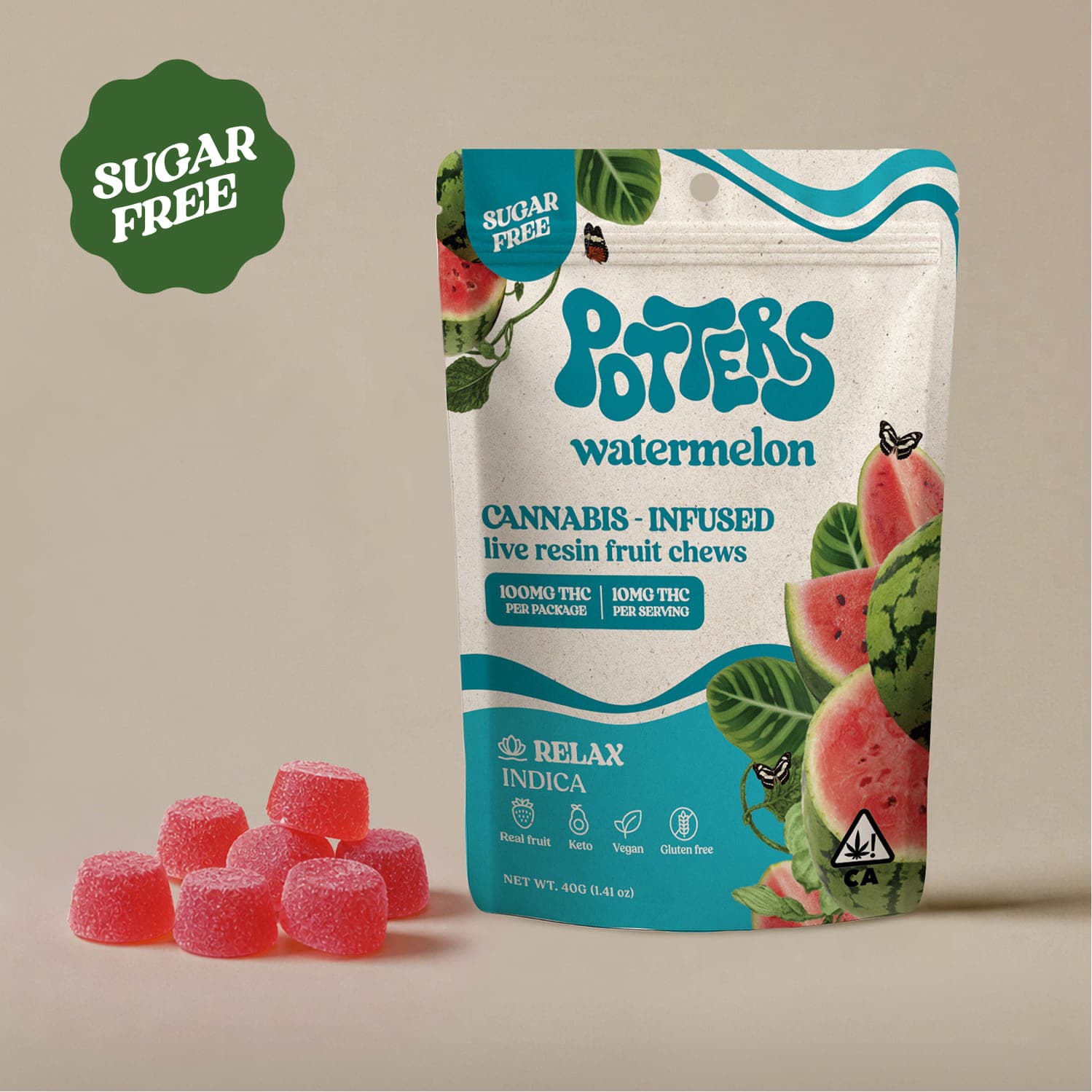 Potters Fruit Chew Sugar-Free Live Resin Indica Watermelon 10pk 100mg THC
