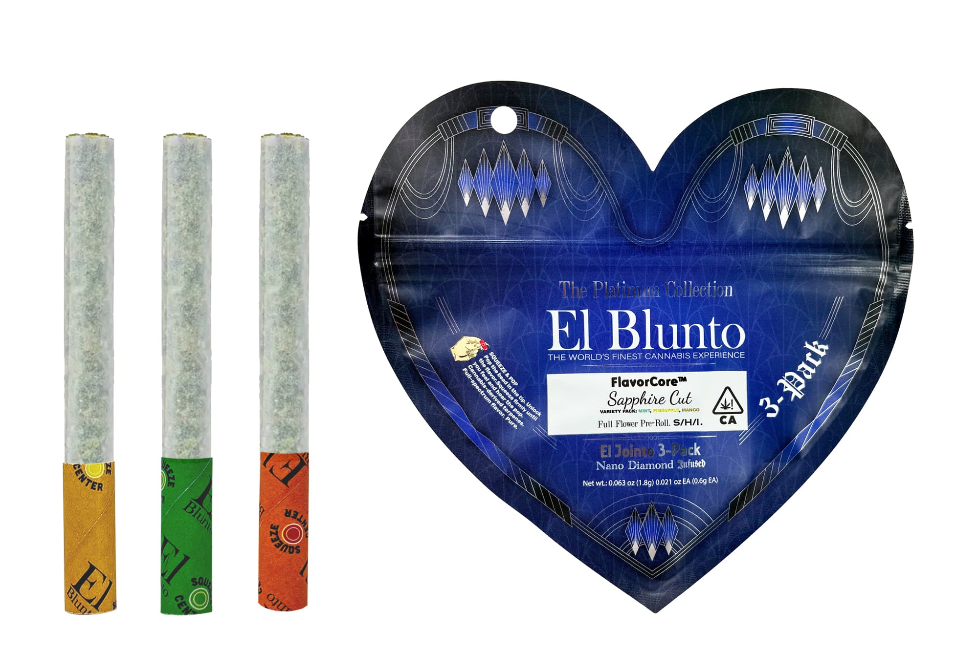 El Blunto Platinum Jointo Variety Pk .6g Diamond Infused Sapphire Cut 1.8g 3pk