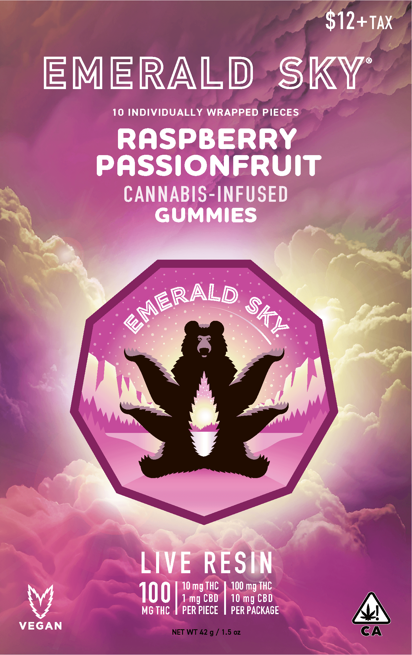 Emerald Sky Live Resin Gummies 10pk 100mg Raspberry Passionfruit 12ct