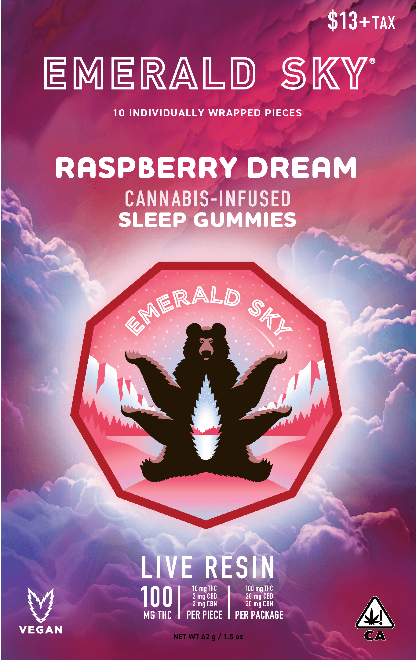 Emerald Sky Live Resin Gummies 10ct 100mg Indica Raspberry Dream 10:2:2 THC/CBD/CBN Sleep